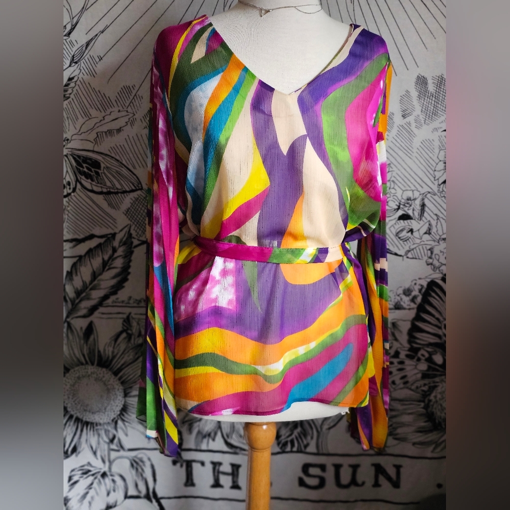 NWT Ashley Stewart Multicolor Abstract Sheer Blouse Ribbed Bell Sleeves Sz 14